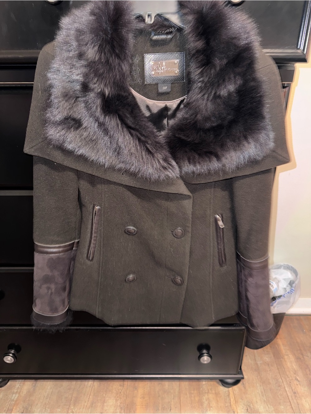 Mackage Black Wool cashmere Pea Coat with Fur Collar